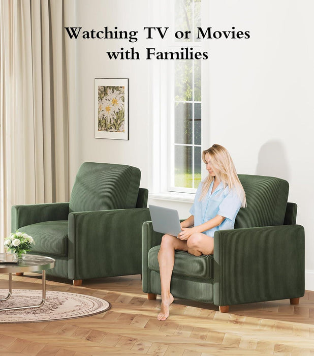 35.5In Corduroy Sofa Accent Chair, Tool-Free Setup Living Room Couch Accent Chairs, Reading Chair for Bedroom 22.5In Extra Deep Seats, Comfy Arm Chairs for Office, All-Wood Reading Nook Green