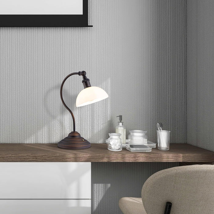 Bankers - Cordless LED Table Lamp, Battery-Operated, Rechargeable, 3-Level Dimming, Universal USB-C Charging, 180° Swivel Head, White Jade Glass Shade, Oil Rubbed Bronze