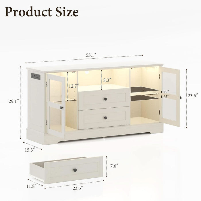 55" Buffet Cabinet with Storage & Power Outlet, Sideboard Cabinet with 2 Tempered Glass Doors, 2 Drawers, RGB Lighting & Adjustable Shelves, Coffee Bar Cabinet, Rustic White