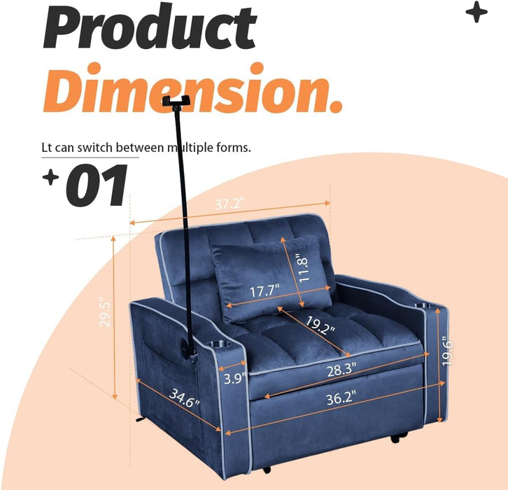 Blue Convertible Sleeper Chair With Integrated Cupholder