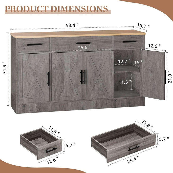 53.4" Buffet Cabinet, Kitchen Storage Sideboard, Gray