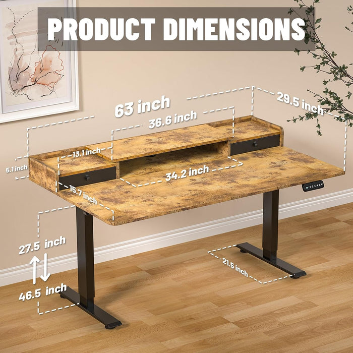 63 X 30 Inch Electric Standing Desk with 2 Drawers, Adjustable Height Widened Stand up Desk with Storage, Sit to Stand Ergonomic Workstation for Home Office, Rustic Brown