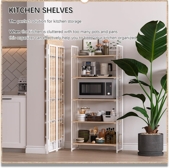No Assembly 5 Tiers Folding Bookshelf, 59.4" H Foldable Storage Shelves Vintage Bookcase Standing Racks Study Organizer Home Office - Natural White