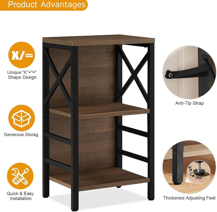 Small Bookshelf,3 Tier Industrial Bookcase with Metal Frame and Backboard,Low Rustic Brown Book Shelf,Book Case for Small Spaces,Living Room,Bedroom and Home Office