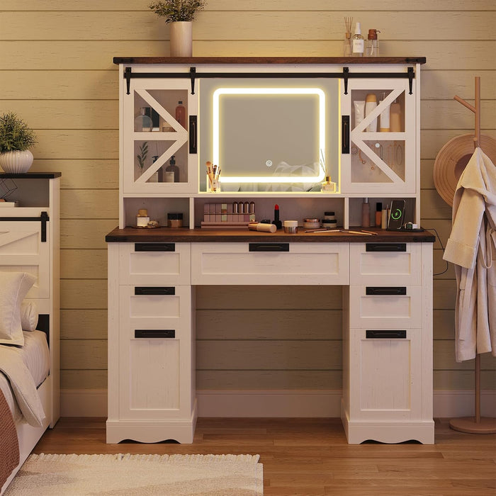 Farmhouse Makeup Vanity with Sliding Cabinets, White Vanity Desk with Lights Mirror and Power Outlet, Rustic Dressing Table with 4 Drawers&2 Storage Cabinets for Bedroom