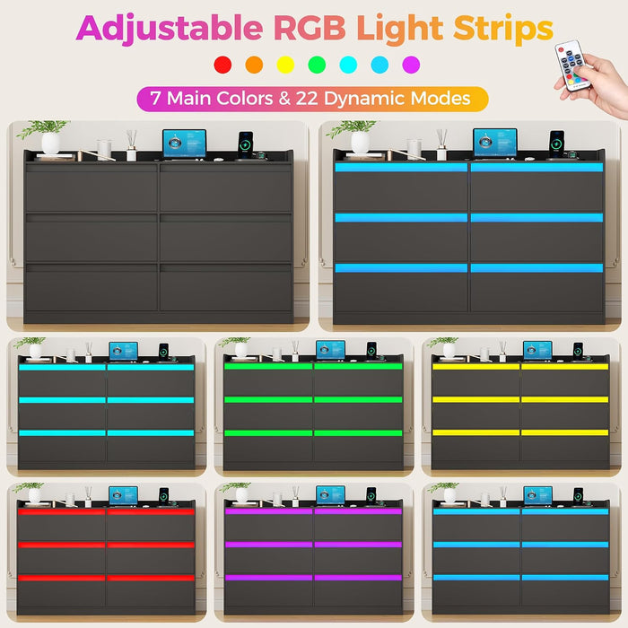 47.2" Modern Black Dresser with Power Outlet and LED Lights