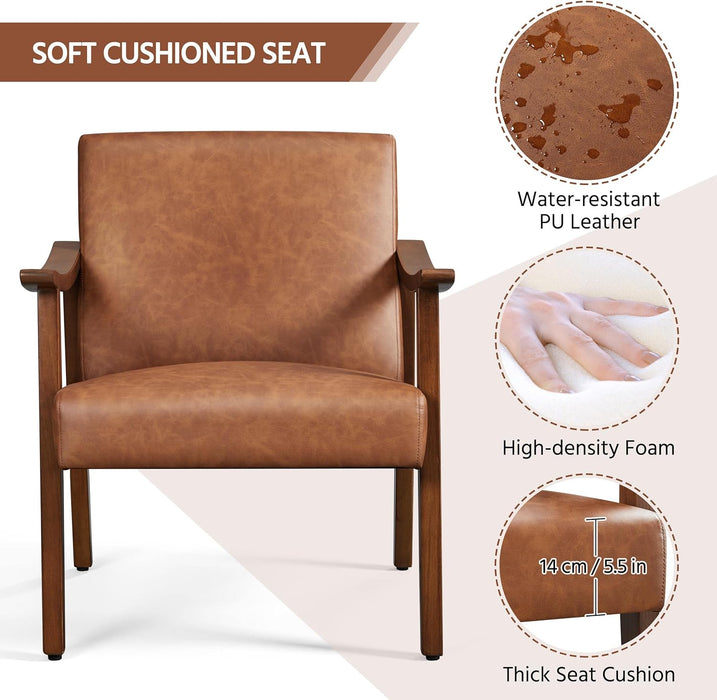 PU Leather Accent Chair, Mid-Century Modern Armchair with Solid Wood Legs, Reading Leisure Chair with High Back for Living Room Bedroom Waiting Room, Set of 2, Brown