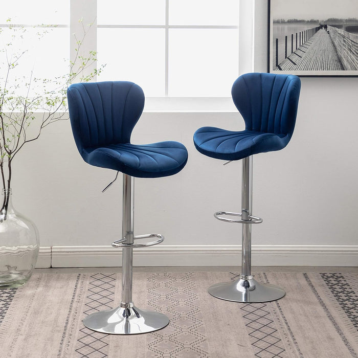 Ellston Velvet Adjustable Swivel Barstools in Blue, Set of 2