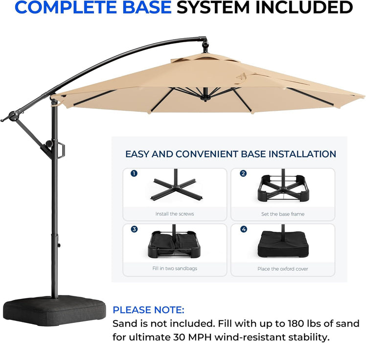 10Ft Cantilever Patio Umbrella with Base Included, 30 MPH Wind-Resistant Offset Outdoor Hanging Umbrella with 45 Degree Infinite Tilt and Smooth Crank, 260Gsm Solution-Dyed 8-Year Fade-Resistant Canopy for Backyard Pool Deck, Beige