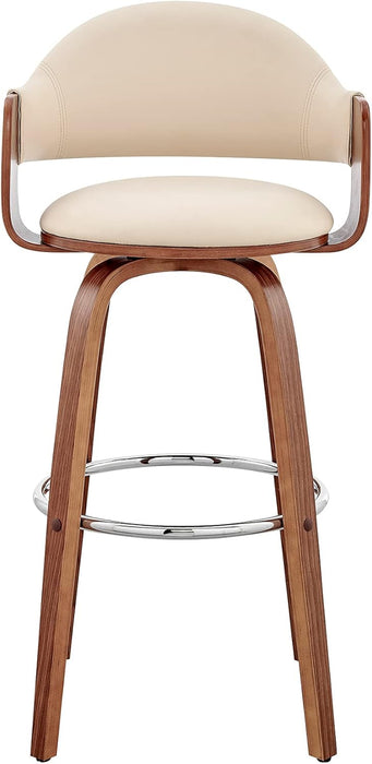 Daxton Mid Century Modern Swivel Bar Stool for Kitchen Island Counter in Cream Faux Leather and Walnut Wood, 30" Seat Height