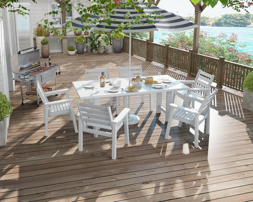 7-Piece HDPE Outdoor Dining Table Set with 6 Chairs, 71" L Patio Dining Furniture Set with Umbrella Hole, Modern Dinner Table & Chairs Set for Garden, Backyard, Poolside, White