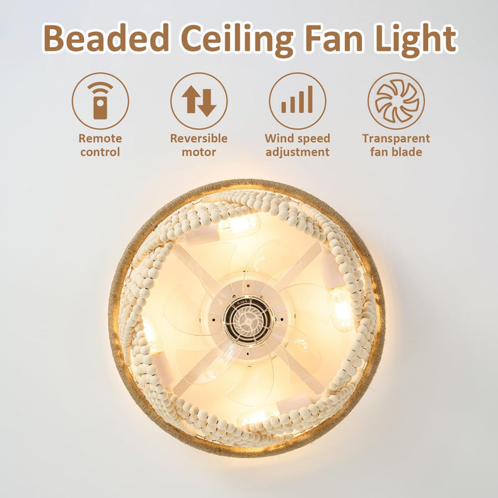 20" Boho Ceiling Fan with Light, Coastal Fandelier Ceiling Fans with Lights and Remote Control,Caged Wood Beaded Flush Mount with 6 Speeds for Living Room Bedroom Nursery