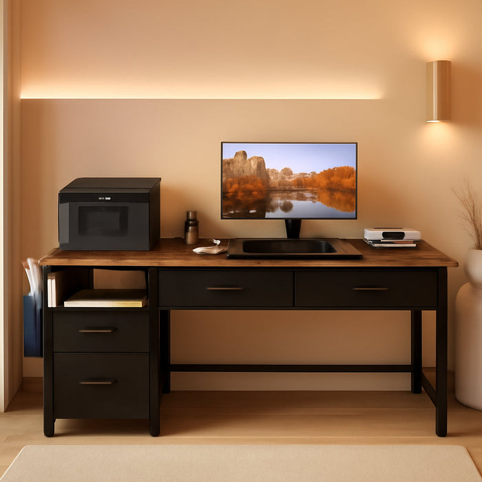 Computer Desk with Fabric File Drawers Cabinet, 57 Inch Home Office Desks with Filing Cabinet Printer Stand for Small Space, Study Writing Table PC Gaming Desks for Bedroom, Brown Black