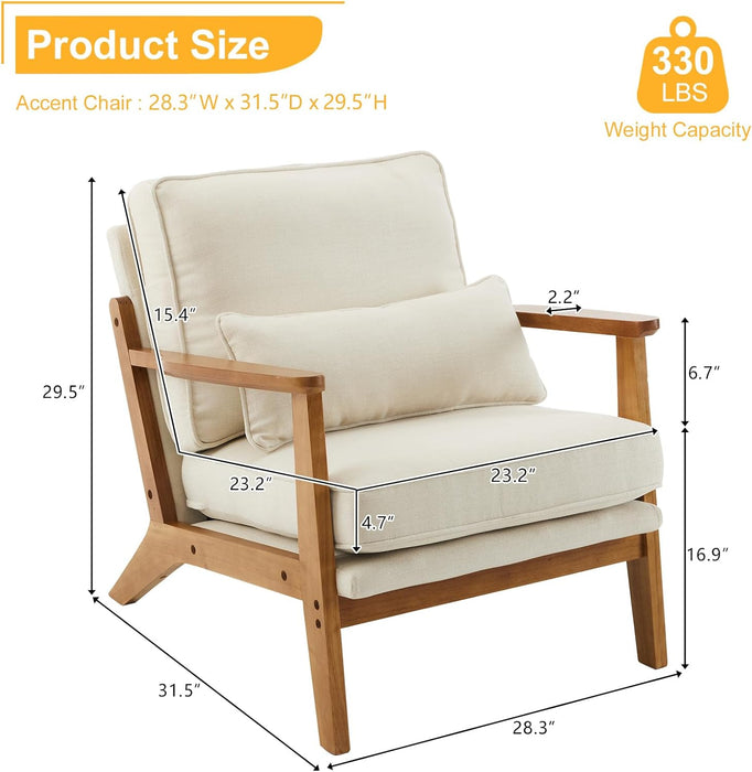 Beige Linen Mid Century Upholstered Armchair Lumbar