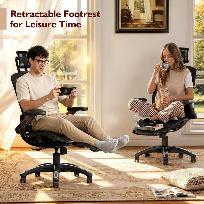 Ergonomic High-Back Office Chair with Footrest – Flip-Up Arms, 3D Headrest, 135° Recline, and Wide Mesh Seat with Lumbar Support. Rolling Swivel Task Chair for Gaming or Work, Sturdy, 300 LBS.