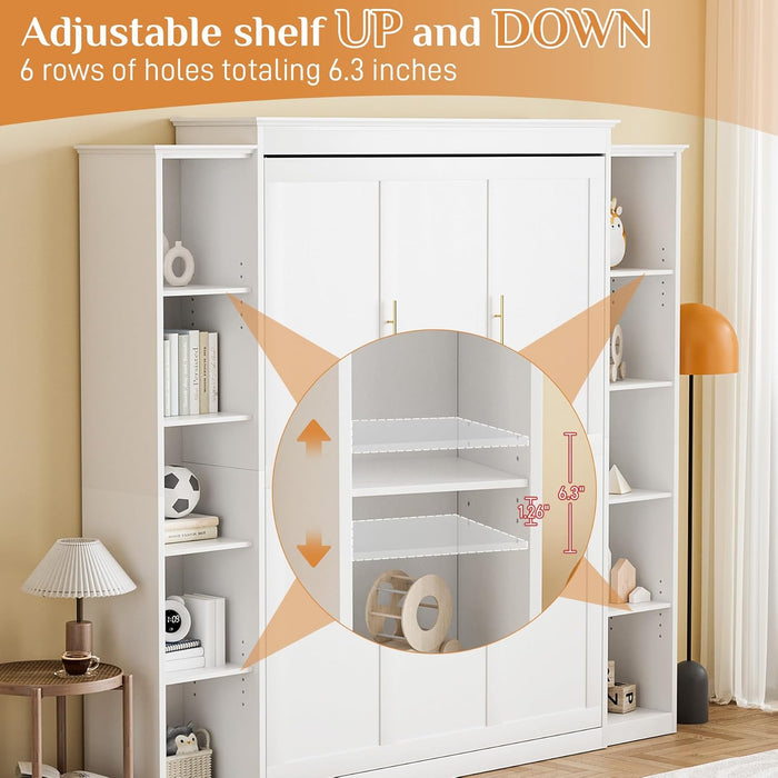 Murphy Bed Queen with Storage Bookcase & 4 Adjustable Shelves, Queen Murphy Bed Cabinet Bed, Foldable Space Saving Furniture Beds, Wood Wall Bed for Guest Room, Bedroom, White