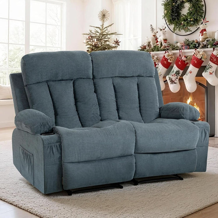 Reclining Loveseat with Cup Holders, 2 Seats Manual Recliner Chair, Comfy Love Seat Sofa Couch for Living Room, Home Theater, Office, Blue