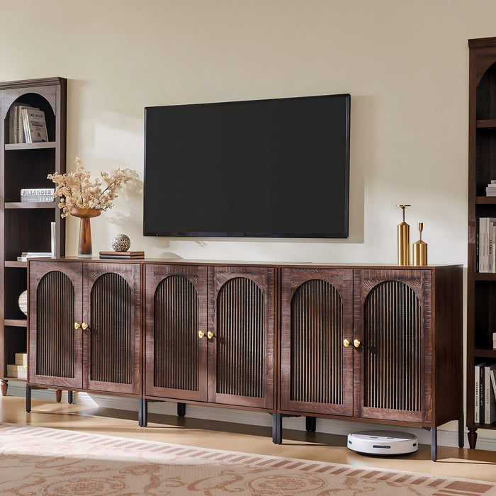 92.63" W Modern Arched Sideboard Buffet Cabinet with Storage, Brown | Fluted Arch Sideboard Cabinet W/Adjustable Shelves, Wooden Modular Kitchen Cabinet for Dining& Living Room, Entryway