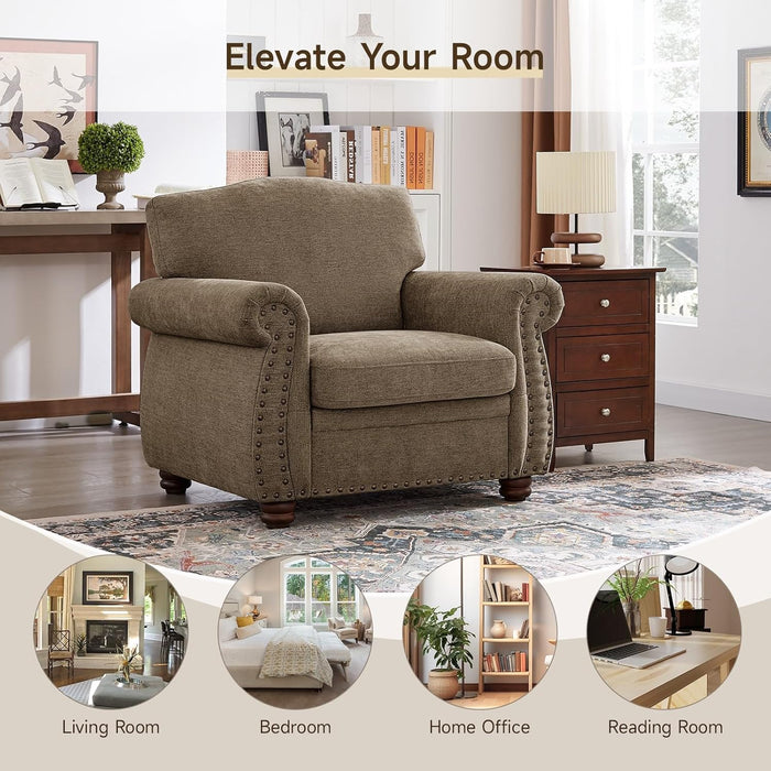Nailhead Trim Armchair, Rolled Arm Accent Chair for Living Room, Comfy Chenille Club Sofa Chair W/Springs Cushions & Wood Legs, Traditional Single Couch Chair for Apartment, Farmhouse, Brown
