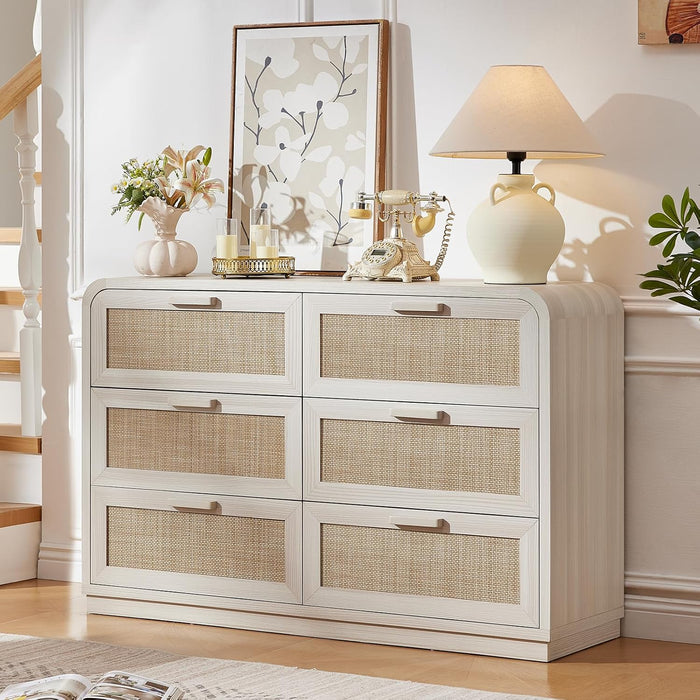 Rattan 6 Drawer Dresser for Bedroom, Grey White