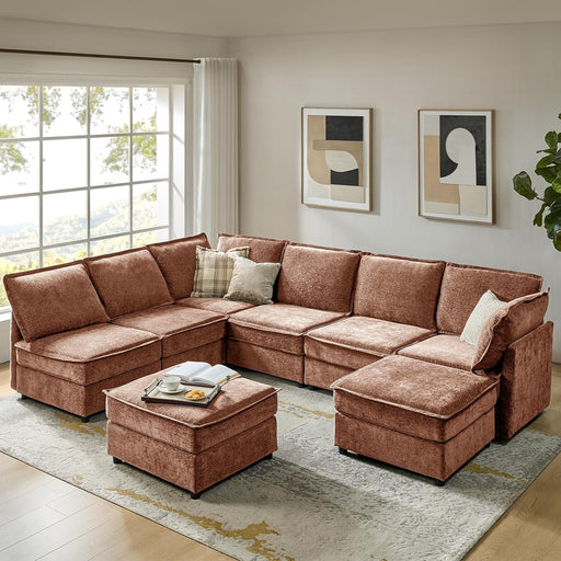 Oversized Modular Sectional Sofa, 8 Seat U Shaped Couch with Storage Ottoman, Comfy Chenille Sofa with Deep Seat, Convertible Sectional Couches for Living Room, Burnt Orange