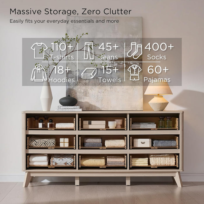 63" Wide Fluted 9 Drawer Dresser for Bedroom, White Alder