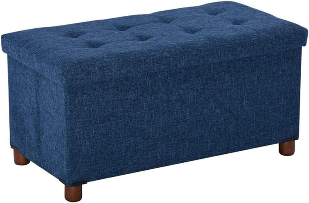 30 Inches Storage Ottoman Bench, Storage Bench with Wooden Legs for Living Room Folding Ottoman Foot Rest Removeable Lid for Bedroom End of Bed, Linen Fabric Blue