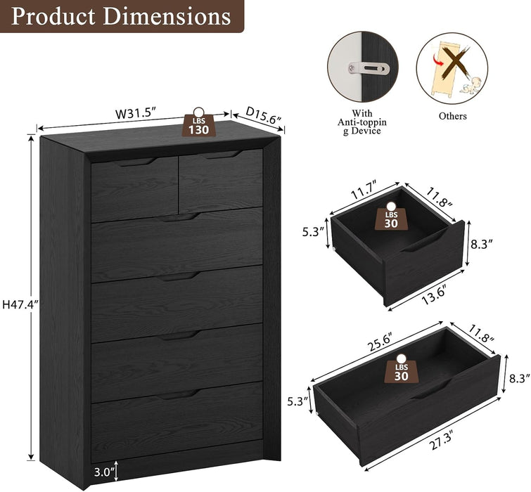 Black 6 Drawer Dresser for Bedroom, 47.4" Tall Chest of Drawers