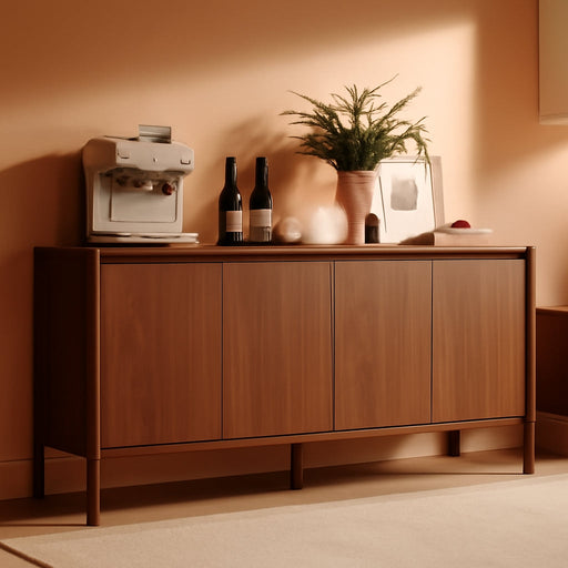59 Inch Walnut Buffet Cabinet, Mid Century Wood Sideboard Storage | 4 Doors and Adjustable Shelves, Solid Wood round Legs. Ideal for Kitchen, Living Room, Coffee Bar, Dining Room.