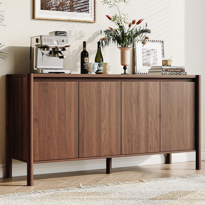 59 Inch Walnut Buffet Cabinet, Mid Century Wood Sideboard Storage | 4 Doors and Adjustable Shelves, Solid Wood round Legs. Ideal for Kitchen, Living Room, Coffee Bar, Dining Room.