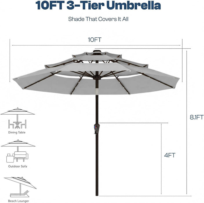 10FT Patio Umbrella 3 Tiers Outdoor Market Umbrella with 32 Solar Powered LED Lights, Windproof Outdoor Market Umbrella for Deck, Poolside & Garden, Sturdy Push-Button Tilt Table Umbrella, Light Gray
