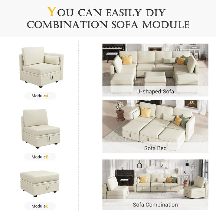 Modular Sectional Sofa, 5 Seats Chenille Sofa Set for Living Room, Convertible U Shaped Sectional Couch with Lagre Storage Ottoman, Sleeper Sofa for Office, Beige