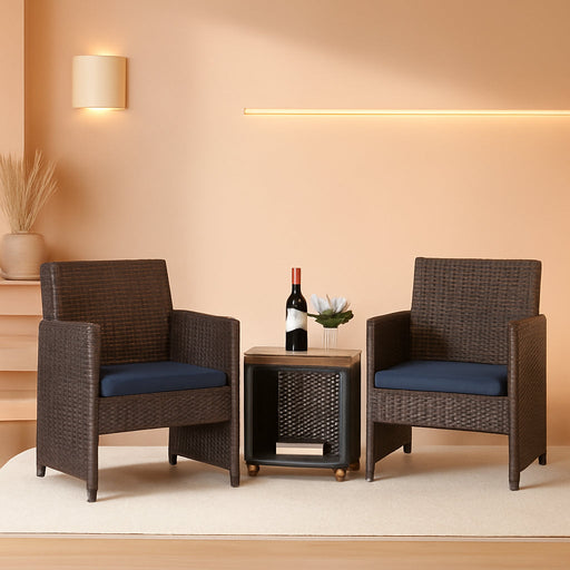 Wicker Outdoor Furniture Set - 3 Piece Patio Bistro Set (Brown/Navy)