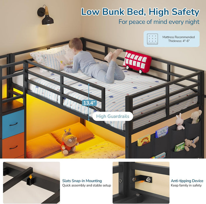 Low Bunk Bed Twin over Twin with 6 Storage Drawers and 6-Pocket Organizer, Reversible Storage Staircase(Left or Right), Bunk Bed for Kids with LED Lights,Metal Frame with Safety High Guardrails, Black