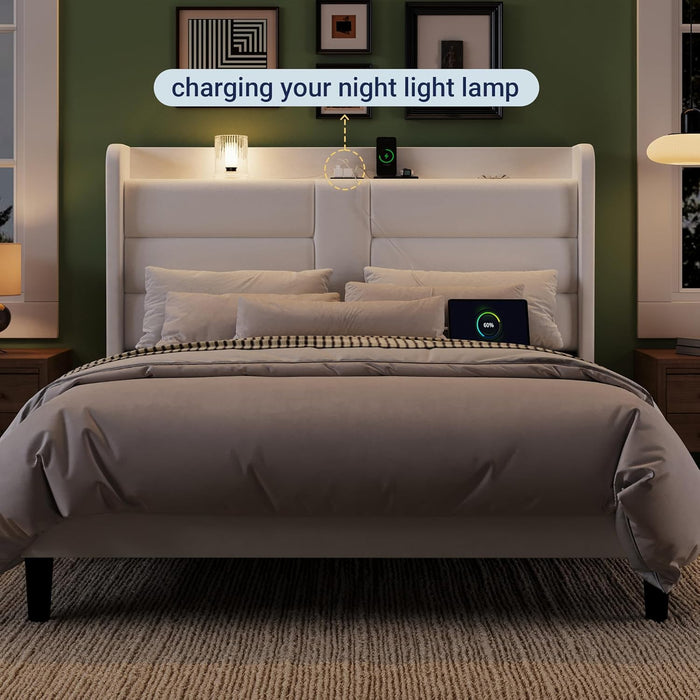 Full Size Platform Bed Frame with Charging Station & Storage Headboard, Upholstered Velvet Wingback Design & USB Port, Strong Wooden Slats Support, No Box Spring Needed, Easy Assembly, White