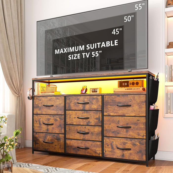Dresser for Bedroom with 10 Fabric Drawers, Dresser with LED Lights & Power Outlets, 55" TV Stand Dresser with Side Pockets and Wood Open Shelves for Bedroom, Entryway, Rustic Brown