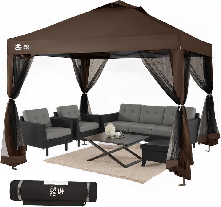 CROWN SHADES Gazebo 10X10 Pop up Canopy with Mosquito Netting, Screen Tent with 4 Ropes, 8 Stakes, 4 Sandbags and Wheeled Storage Bag, Canopy for Patio & Backyard Parties,Camping&Events -(Coffee)