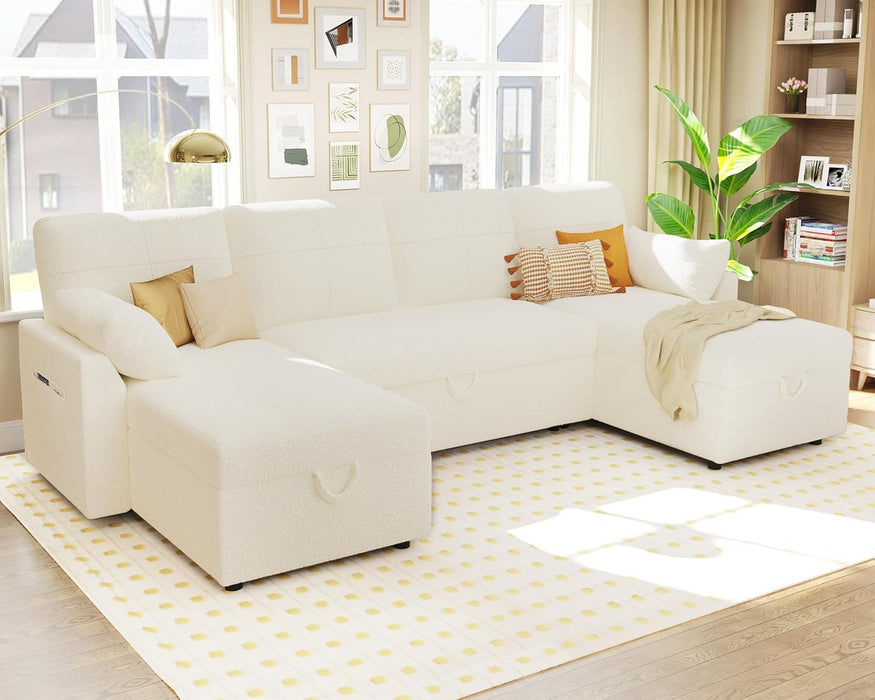 White Sectional Sofa Bed Oversized, 110", Storage