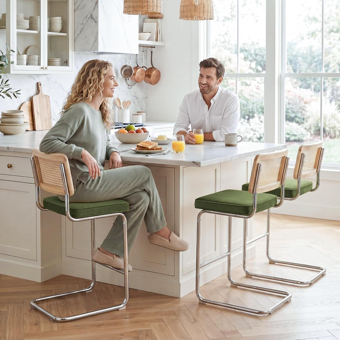 Natural Rattan Counter Stools Set of 2, 26" Modern Boho Barstools | Mid Century Modern Bar Stools with Cane Mesh & Chrome Legs, Vintage Velvet Fabric Counter Height Chairs for Kitchen, Green