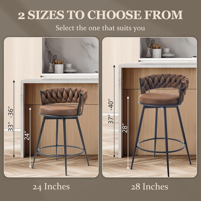 Swivel Bar Stools Set of 2, 28 Inches Modern Counter Height Bar Stools with Woven Back, Upholstered Suede Tall Barstools for Kitchen Island, Cafe, Dark Brown