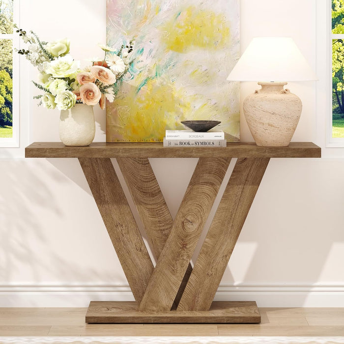 51 Inch Console Table, Modern V-Shaped Entryway Table, Wood Sofa Table behind the Couch for Living Room, Hallway, Entrance, Foyer, Easy Assembly, Brown