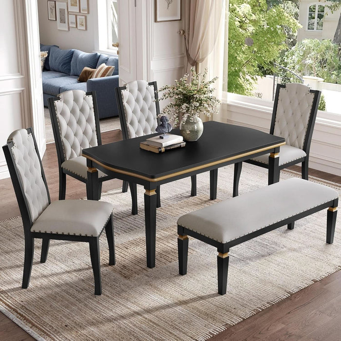 6-Piece Kitchen Dining Table Set, 60" Rectangular Table with 4 High-Back Tufted Upholstered Chairs & 1 Bench, Rubberwood Legs Modern Elegant Farmhouse for Kitchen Room, Black