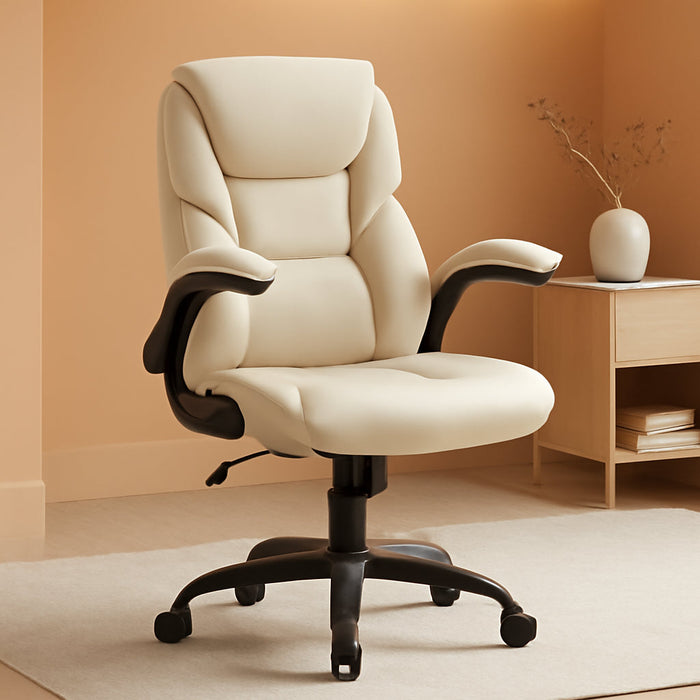 Office Chair - Ergonomic Executive Computer Desk Chairs with Adjustable Flip-Up Armrest, Swivel Task Chair with Lumbar Support, Strong Metal Base, PU Leather, White