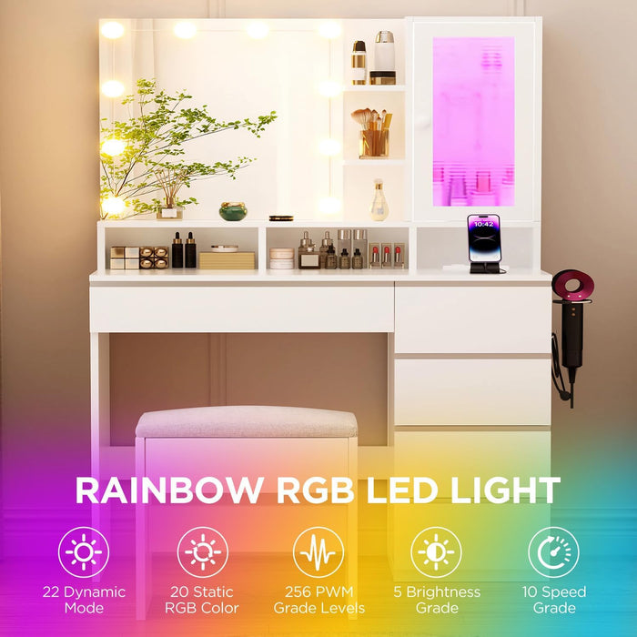 Vanity Desk with LED Lights Mirror, 35.43" Modern Makeup Table with 6 Storage Drawers & Stool for Ladies and Girls, RGB Light Makeup Desk with Power Outlet for Bedroom Dressing Room, White
