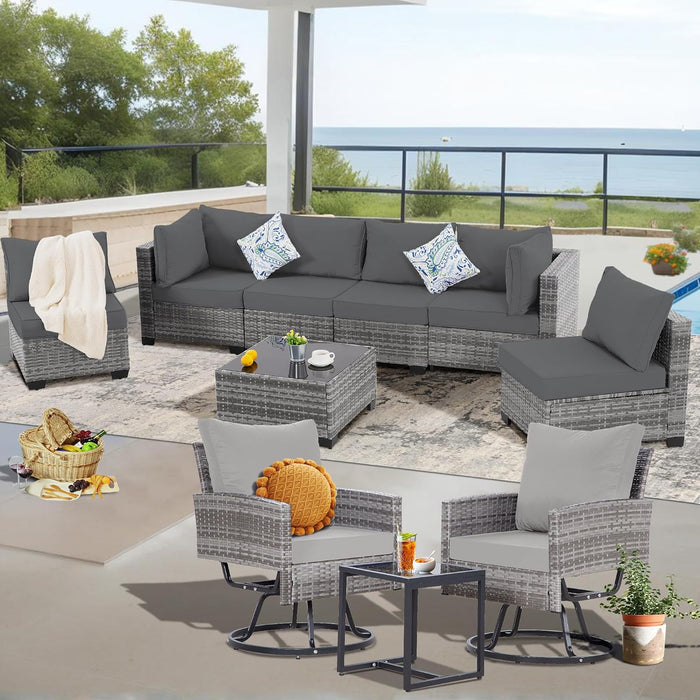 10 Pieces Outdoor Patio Furniture Set with Swivel Chairs, Wicker Sectional Sofa Set Rattan Modular Patio Conversation with Cushions Couch & Coffee Table for Garden, Balcony, Porch, Grey-Grey