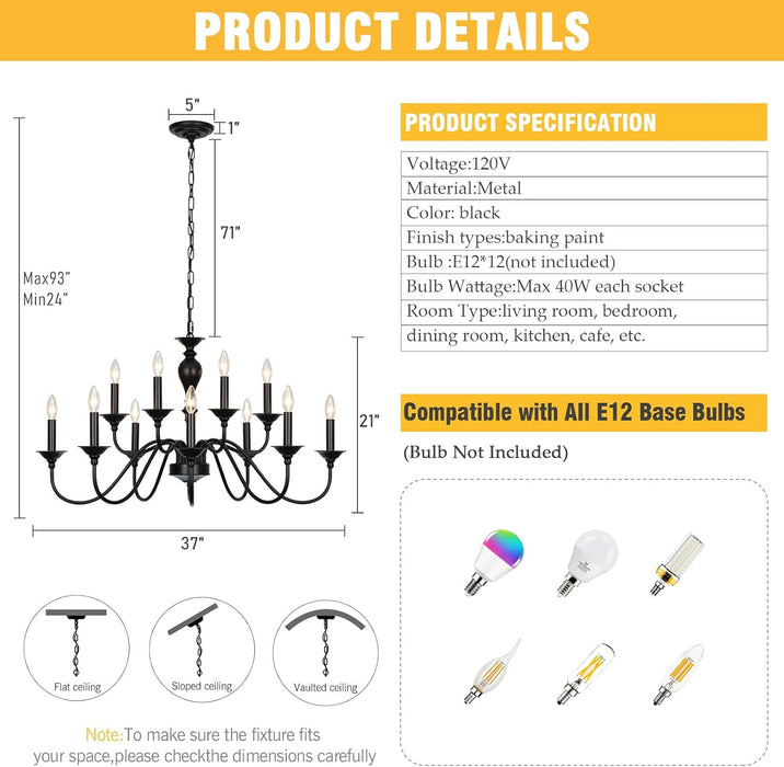 Black Matte Farmhouse Chandelier 12 Light Fixtures