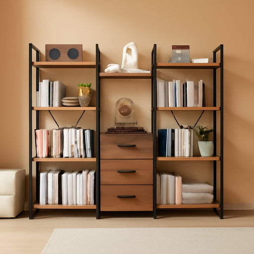 Triple Bookshelf with 3 Fabric Drawers, 4-Tier Book Shelf and 10 Display Shelves, Industrial Large Bookcase for Home & Office, Rustic Brown, 47'' Wide