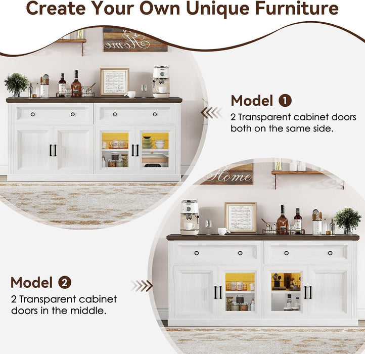 63'' Sideboard Buffet Cabinet with Power Outlet, Antique White