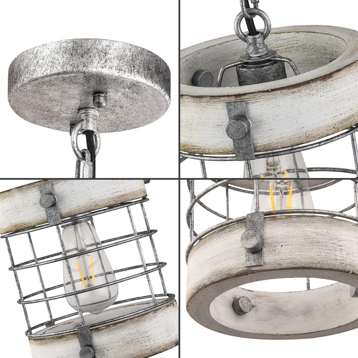 Retro Industrial Metal and Wood Chandelier 1-Light round Cage Pendant Light Fixture for Kitchen Island Foyer Hallway Bar Dining Room Restaurant, D 7.9" X H 8.7" (White)