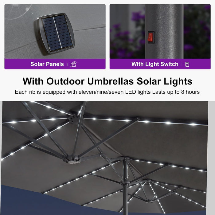 13Ft Double-Sided Patio Umbrella with Solar Lights Outdoor Market Umbrella with Base and Crank Handle Table Umbrella for Backyard Pool Garden Deck, Grey